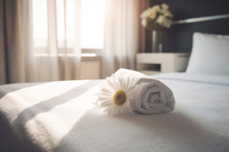 flower spa bath modern welcome bed bedchamber window towel comfortable. Generative AI.の素材