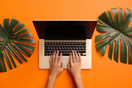 computer leaf palm office orange marketing hand keyboard laptop business background. Generative AI.の素材