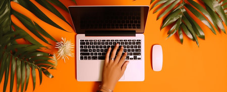 keyboard palm business above laptop orange leaf computer hand office background. Generative AI.の素材