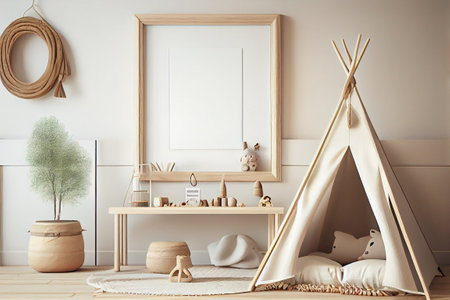 Childrens bright room in modern Scandinavian style, eco concept with wooden elements, toys and frame with poster mockup. Generative AIの素材
