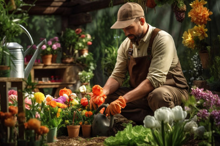 Agriculture man flower gardener picking plant farmerの素材