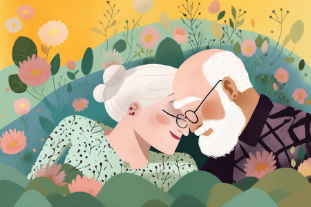 woman old man happy bed married retired love together asleep bedtime couple. Generative AI.の素材