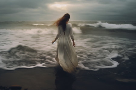woman sea cloud dress beach nature sky storm vacation ocean summer. Generative AI.の素材