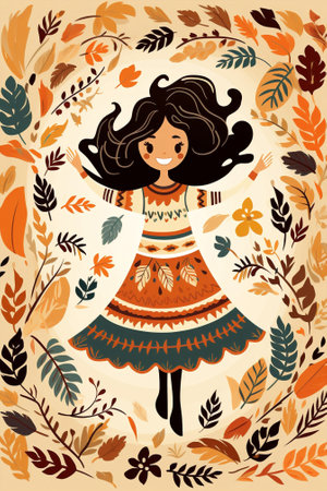 Nature cartoon active leaf autum women happy cute fall character design holiday meditating artの素材