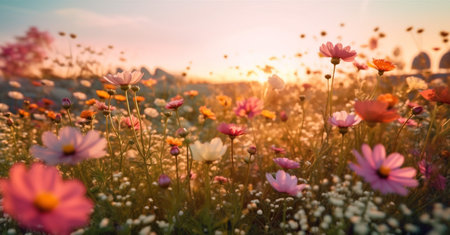 background violet pink blooming sunlight beautiful sunset field meadow flower nature. Generative AI.の素材