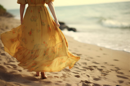 beach woman fashion lifestyle dress hippie beautiful holiday person summer sea. Generative AI.の素材