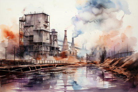 Factory ecology industrial production chimney chemistry smoke energy refinery plant pollutionの素材