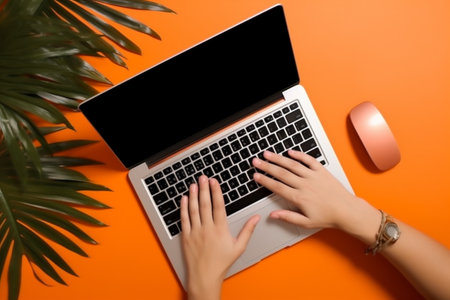 office account orange computer business leaf background hand laptop keyboard palm. Generative AI.の素材