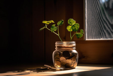 leaf plant business money growth coin finance can currency cash. Generative AI.の素材
