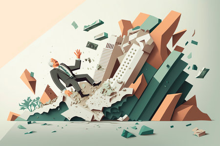 Stock market down, economic crash, investment failure or mistake, falling prices, recession, concept of investment risk, business investor slipped on the chart and fell, bank crisis. Generative AI.の素材