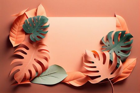 Tropical background with paper palm leaves and space for text, copy space, layout, pastel colors, peach orange background. Generative AIの素材