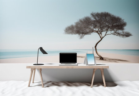 laptop travel computer tropical summer tree concept beach palm vacation. Generative AI.の素材