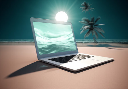 tree tropical travel palm beach laptop computer concept summer vacation. Generative AI.の素材