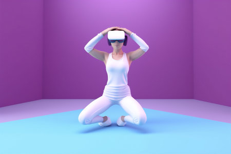 woman virtual digital yoga neon sport reality game innovation vr glasses. Generative AI.の素材