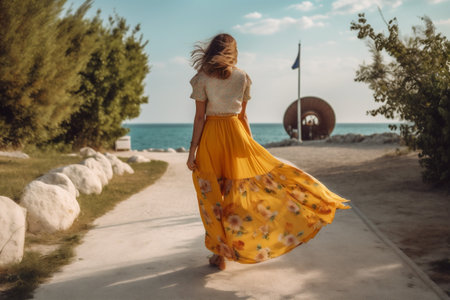 woman summer person hippie fashion pretty lifestyle sea beautiful dress beach. Generative AI.の素材