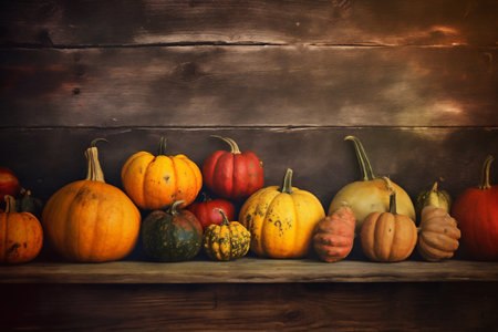 wooden wood autumn season pumpkin background table halloween leaf fall orange. Generative AI.の素材