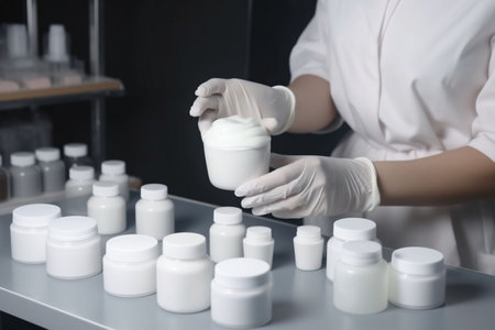 care medicine laboratory cream jar cosmetic research bottle product beauty. Generative AI.の素材