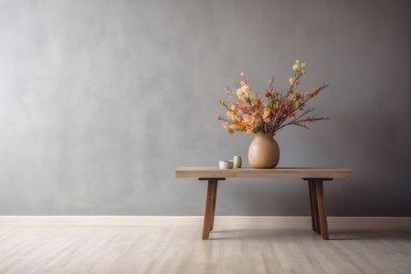 plaster wall interior space contemporary home table design vase template decor copy. Generative AI.の素材