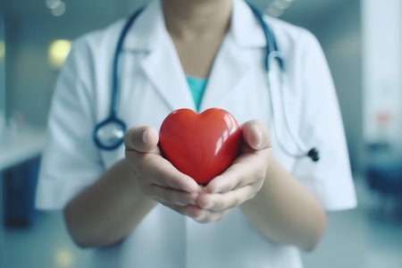 hospital care person doctor cardiology concept hand heart health medicine. Generative AI.の素材