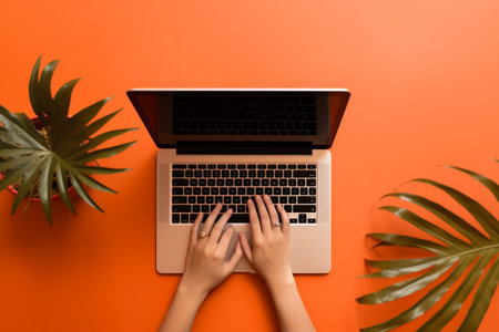 business keyboard hand computer office screen orange palm leaf laptop background. Generative AI.の素材