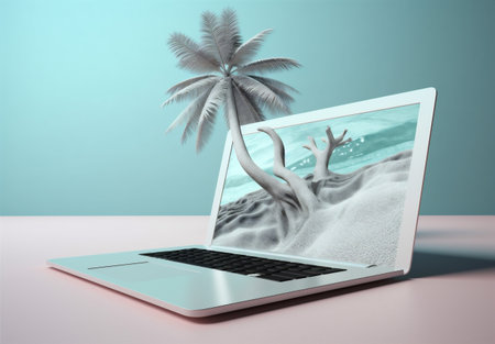 computer tropical concept tree vacation palm laptop summer travel beach. Generative AI.の素材