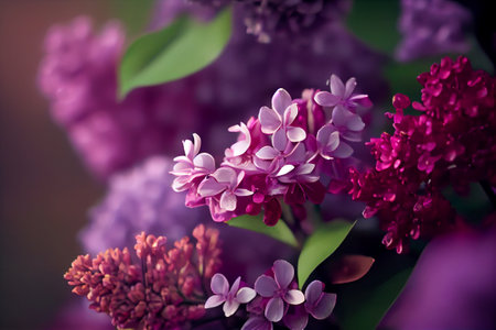 Purple lilac flowers close-up, fresh spring lilac on bush tree, spring festival, decor. Generative AIの素材