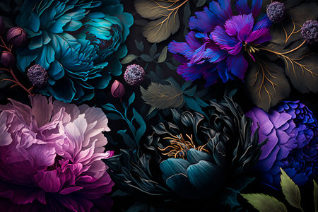 Beautiful floral arrangement in baroque style. Garden flowers, leaves and peonies on a dark background. Roses, tulips and peonies in purple and blue tones. Holiday concept. Generative AI.の素材