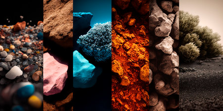 Collage wallpaper of textured natural stones and minerals of the planet on a colored background, screensaver wallpaper, gemstones of different colors and textures. Generative AI.の素材