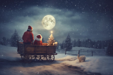 moon child snow claus holiday christmas magic winter year night. Generative AI.の素材