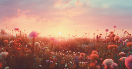 violet pink beautiful sunset blooming field background flower meadow nature cosmos. Generative AI.の素材