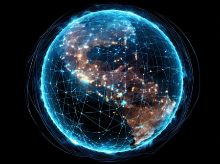 globe cyberspace earth connection internet technology network map planet global. Generative AI.の素材