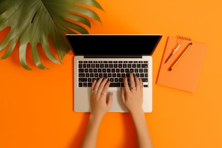 computer keyboard office hand business background orange workspace leaf laptop palm. Generative AI.の素材