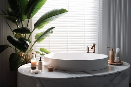 home white bathroom green clean sink design tropical product leaf interior. Generative AI.の素材