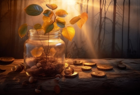 leaf growth coin money cash finance currency business plant can. Generative AI.の素材