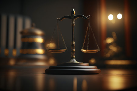 Scales of justice in the courtroom, dark lighting, punishment system for prisoners, presumption of innocence, constitution day. Generative AI.の素材