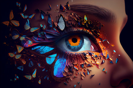 Color art eye makeup creative closeup with butterflies, bright colors, stylish concept, beauty. Generative AIの素材