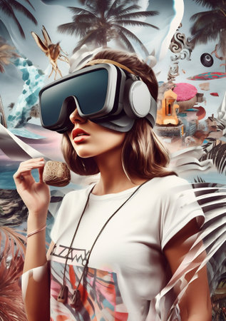 woman future abstract virtual game vr glasses digital travel technology reality. Generative AI.の素材