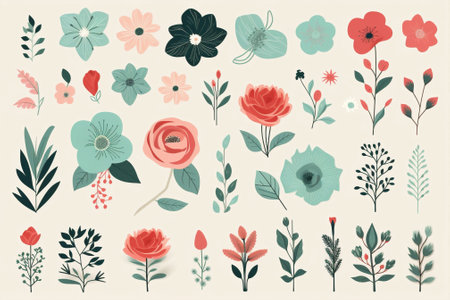 Illustration decorated flower set invitation art spring summer bloom leaf floral blossomの素材