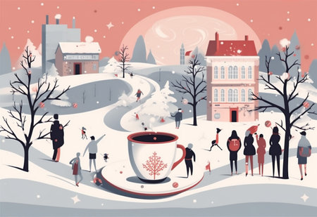 illustration tree winter card cartoon greeting holiday happy person christmas. Generative AI.の素材