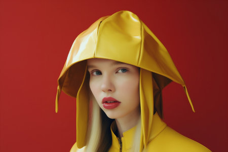 creative woman colourful glasses art hat concept latex beauty portrait fashion. Generative AI.の素材