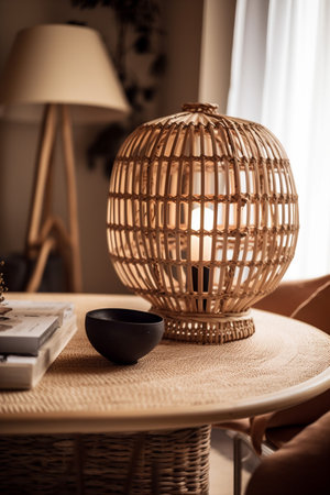 Stylish and elegant dining room interior with diner table, design chairs, rattan pendant lamps, beautiful plates, bouquet of dried flowers and elegant decoration. Copy space. Templateの素材