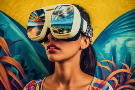 woman digital technology future virtual abstract vr skyline reality travel glasses. Generative AI.の素材