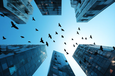City birds flock group flying flight background building wildlife blue skyの素材