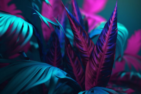 tropical jungle plant purple exotic night art neon leaf background foliage. Generative AI.の素材