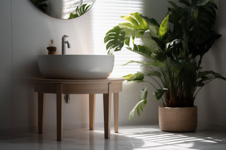 clean interior bathroom design sink eco green tropical white leaf home. Generative AI.の素材