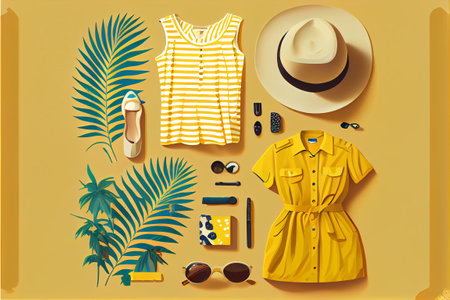 Tourist clothing and accessories hat glasses on yellow flat lay background, top view, summer travel and holidays. Generative AIの素材