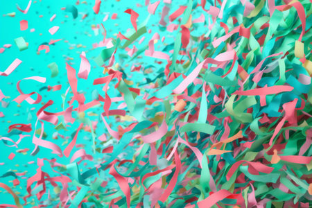 birthday colorful confetti flying event festive party celebration blue background carnival. Generative AI.の素材