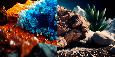 Collage wallpaper of textured natural stones and minerals of the planet on a colored background, screensaver wallpaper, gemstones of different colors and textures. Generative AI.の素材
