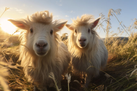 Farming landscape grass animals rural cute goatの素材