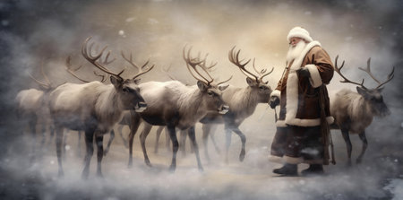 santa illustration claus reindeer christmas sleigh vintage snow card greeting. Generative AI.の素材